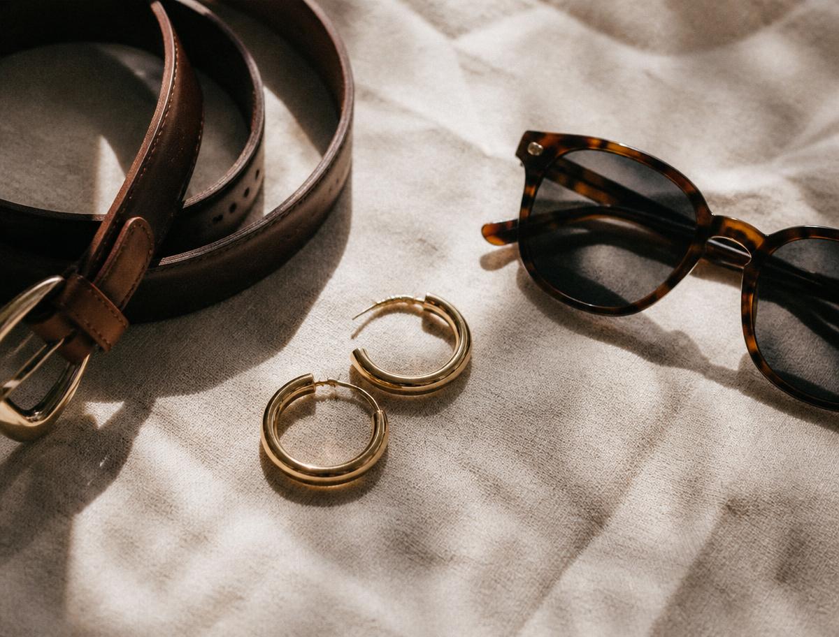 Accessories flat lay on beige linen