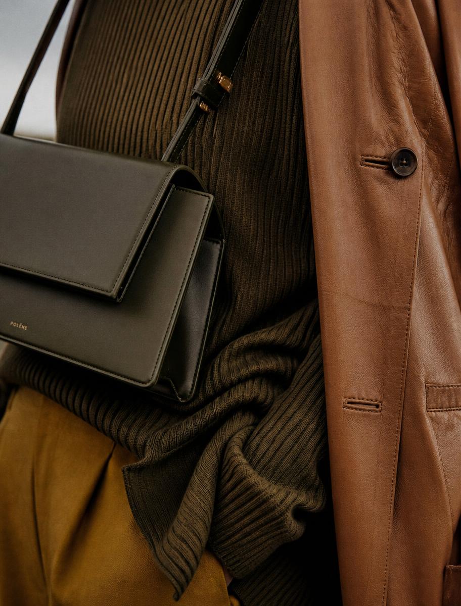 Layered autumn textures and a structured leather bag