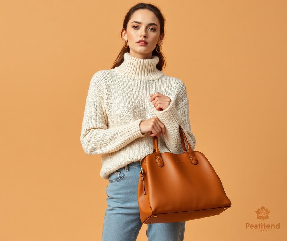Woman in cream knitwear with a tan leather handbag — advertisement