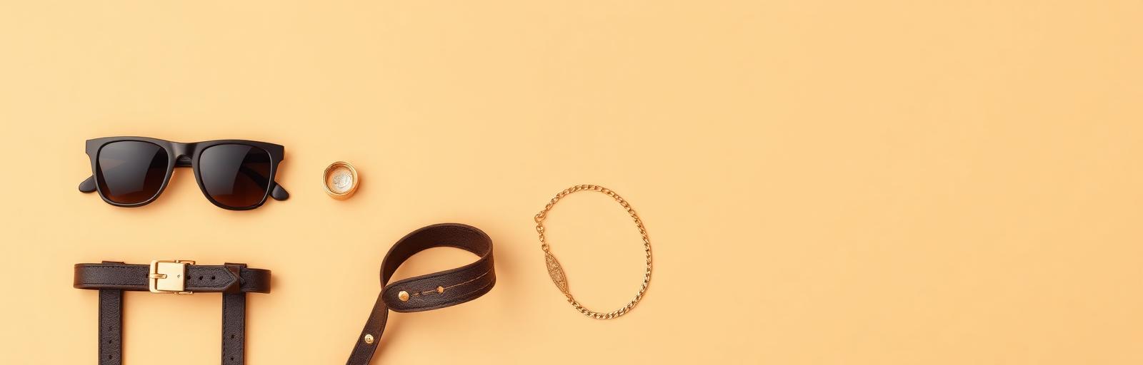 Sunglasses, belt and gold jewellery flat lay — accessories advertisement
