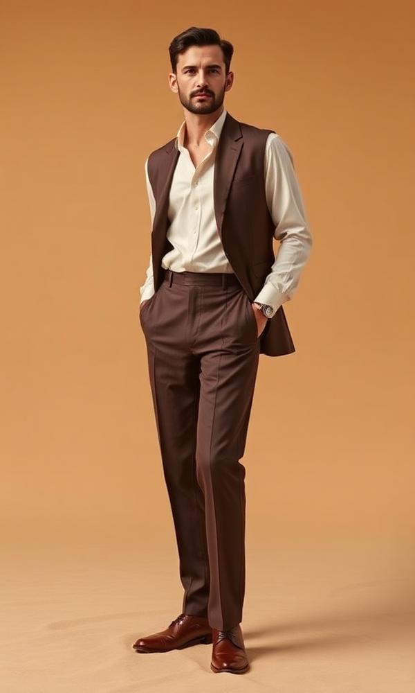 Man in tailored chocolate trousers and cream shirt — advertisement